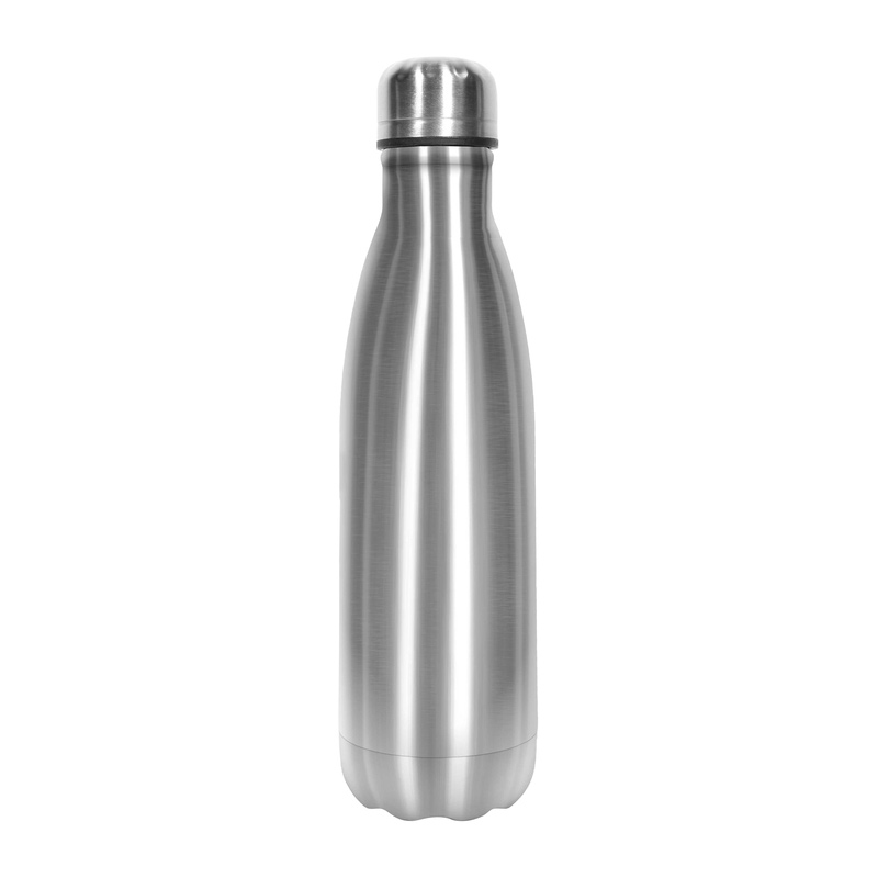 T576, Botella Muak. Capacidad 500 ml. Acero inoxidable tipo 201 exterior y 304 interior. Vacuum. Cilindro que mantiene la temperatura de las bebidas frías 24 hs y caliente 12 hs. Tapa a rosca metálica color plata y la base del mismo tono.