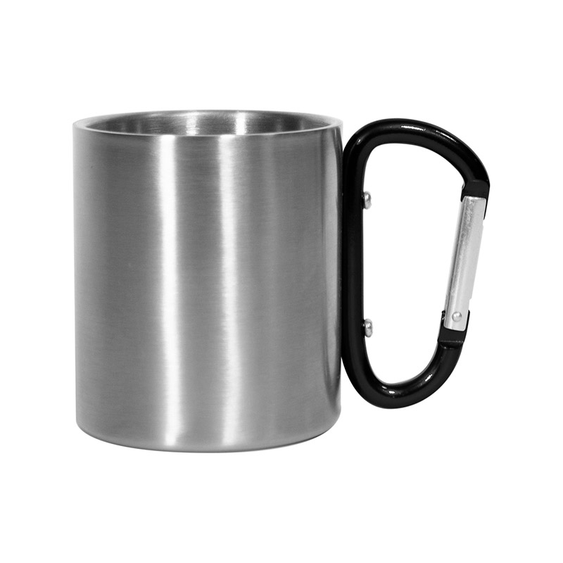 T584, Mug CON GANCHO CARABINERO CARIBE. Capacidad 220 ml. acero inoxidable 201 / interior: acero inoxidable 304. Asa carabinero de color. Con Polybag