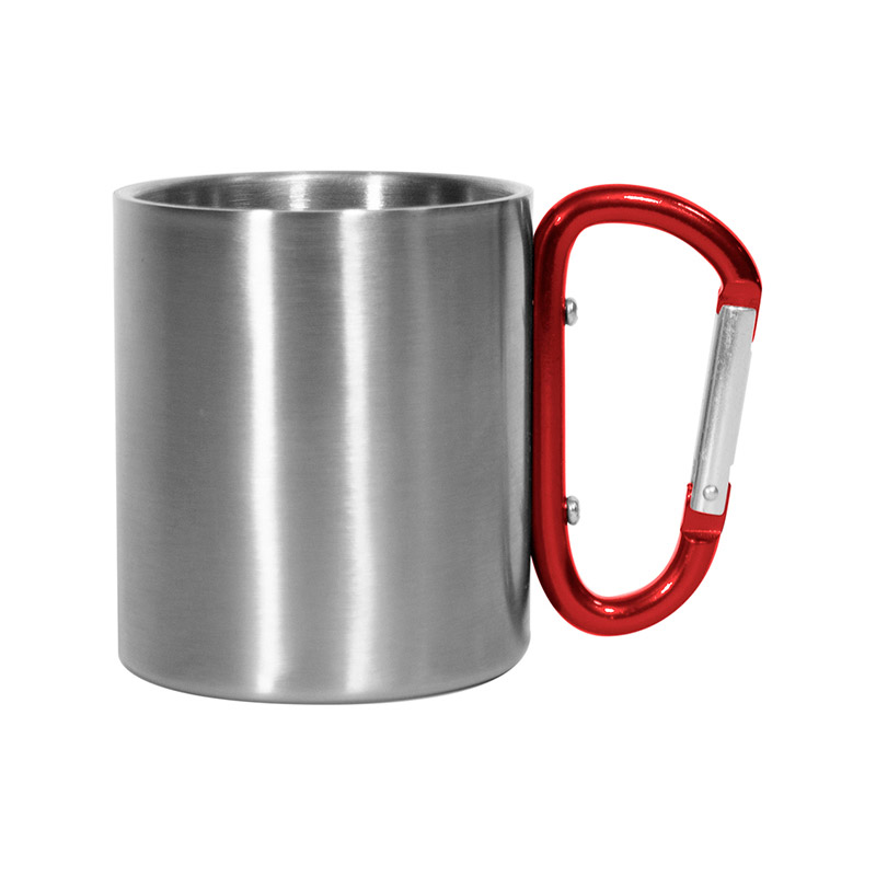 T584, Mug CON GANCHO CARABINERO CARIBE. Capacidad 220 ml. acero inoxidable 201 / interior: acero inoxidable 304. Asa carabinero de color. Con Polybag