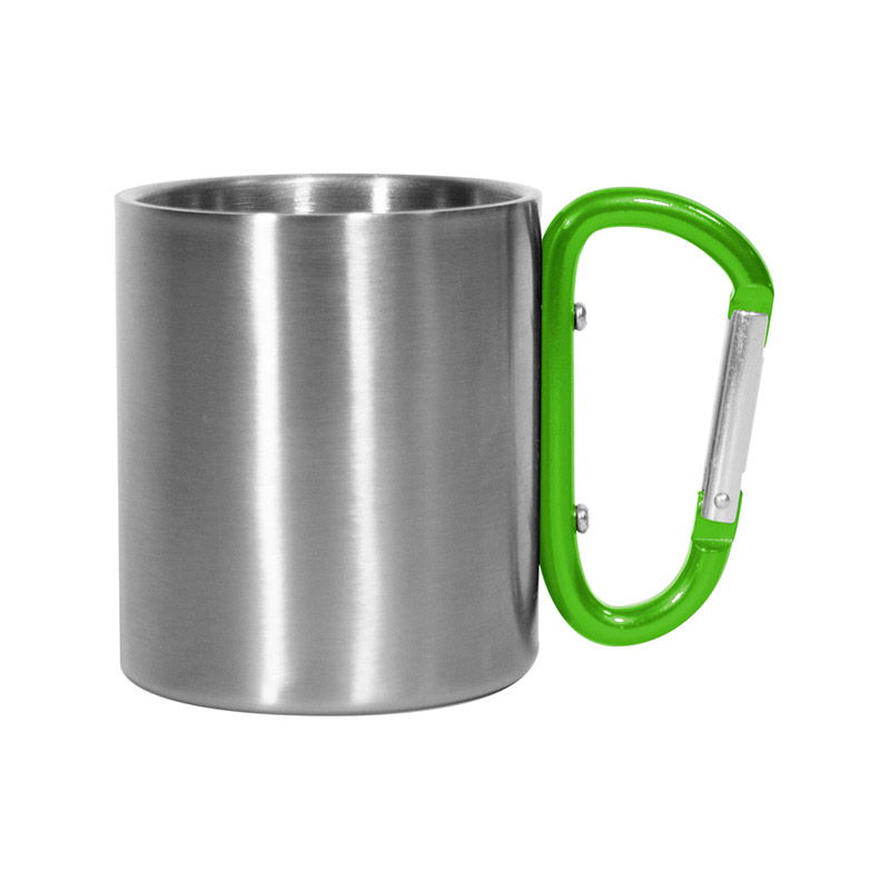 T584, Mug CON GANCHO CARABINERO CARIBE. Capacidad 220 ml. acero inoxidable 201 / interior: acero inoxidable 304. Asa carabinero de color. Con Polybag