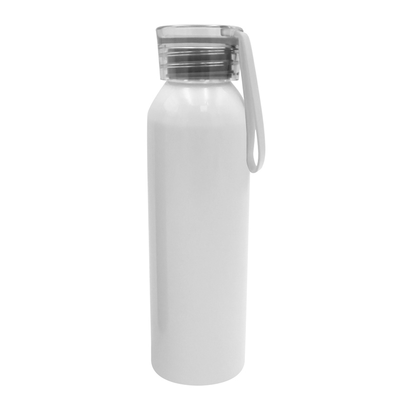 T620, Botella HEY. Botella de aluminio, cuerpo color blanco y tapa plástica translúcida con tira de silicona del mismo color de 8 cm de largo. Ideal para hidratarte todos los días. Caja de regalo en color negro mate.