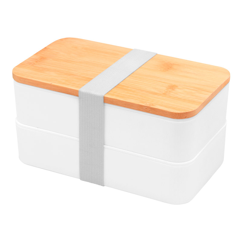 T634, Lonchera BAMBOX. Contenedor de alimentos con tapa de Bambú. Posee dos compartimentos, 1 separador y juego de 3 cubiertos (cuchillo, tenedor, cuchara). Cierre con sujeción elástica.