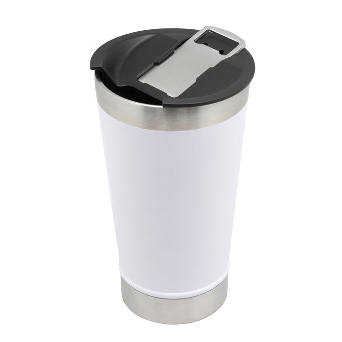 T657, Mug Térmico MUG-BAR. Capacidad 500 ml. Mug doble pared, sellado al vacío. Interior en acero 304 y exterior en acero 201. Tapa plástica con boca ancha a presión con anillo de silicona. incluye abridor de botellas en acero inoxidable 430. Pintura exterior con acabado mate. Presentación en caja de regalo.