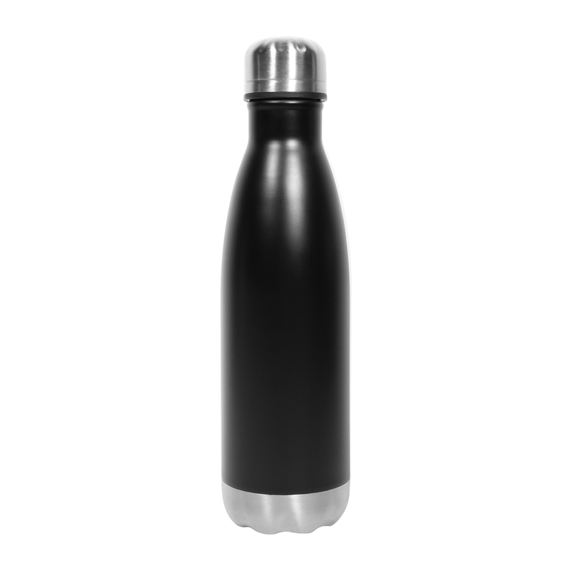 T576, Botella Muak. Capacidad 500 ml. Acero inoxidable tipo 201 exterior y 304 interior. Vacuum. Cilindro que mantiene la temperatura de las bebidas frías 24 hs y caliente 12 hs. Tapa a rosca metálica color plata y la base del mismo tono.