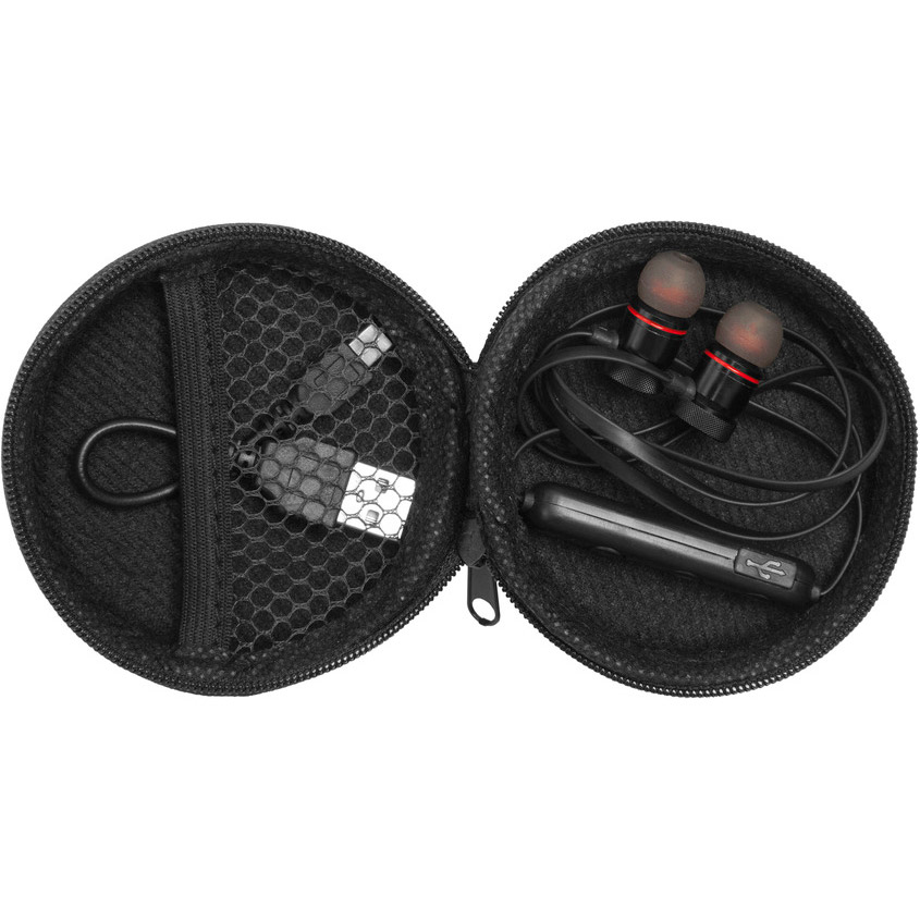 EC725, Audífonos FLORINA. Audífonos bluetooth. Cable de 70 cm aprox. Botones para aumentar / disminuir el volumen, aceptar y rechazar una llamada. Los audifonos son imantados. En uno de los costados entrada mini usb para recargar la batería. Estuche redondo de Eva Pouch.