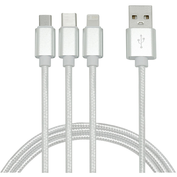 EC736, Cable con entrada USB y diferentes adaptadores: Iphone, tipo C y Android. Viene dentro de una bolsa plásticas con cierre ziploc.