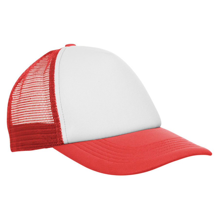 G219, Gorra Promocional Triumph. Gorra trucker 5 gajos. Frente de color blanco ancho de base 18 cm. x alto 16 cm. Parte trasera con tela red de color. Ajuste con broche plástico. Seis costuras 17,5 x 7,5 cm.