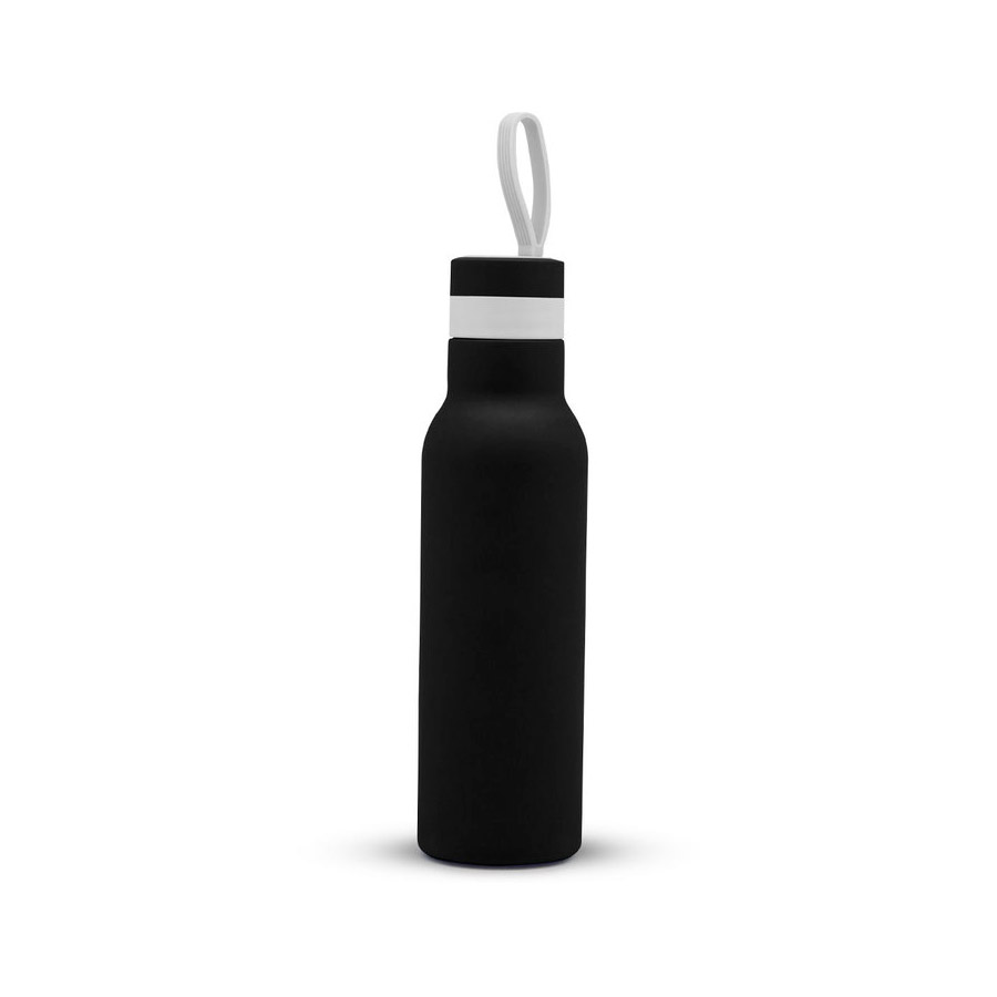 T627, Botella Térmica STYLE. Capacidad 500 ml. Botella Vaccum. Interior en acero 304 y exterior en acero 201 con terminaciones de silicona suave. Mantiene hasta 12 hs la temperatura de las bebidas calientes y 24 hs de las bebidas frías. Presentación en caja de regalo Kraft.