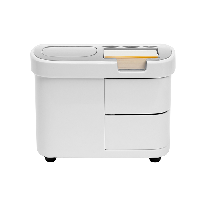 T443, Organidesk. Organizador para escritorio. Cuenta en la parte superior espacio para tres bolígrafos, notas autoadhesivas y un botón pulsador que sirve para guardar clips y los incluyes. En la parte inferior dos cajones.