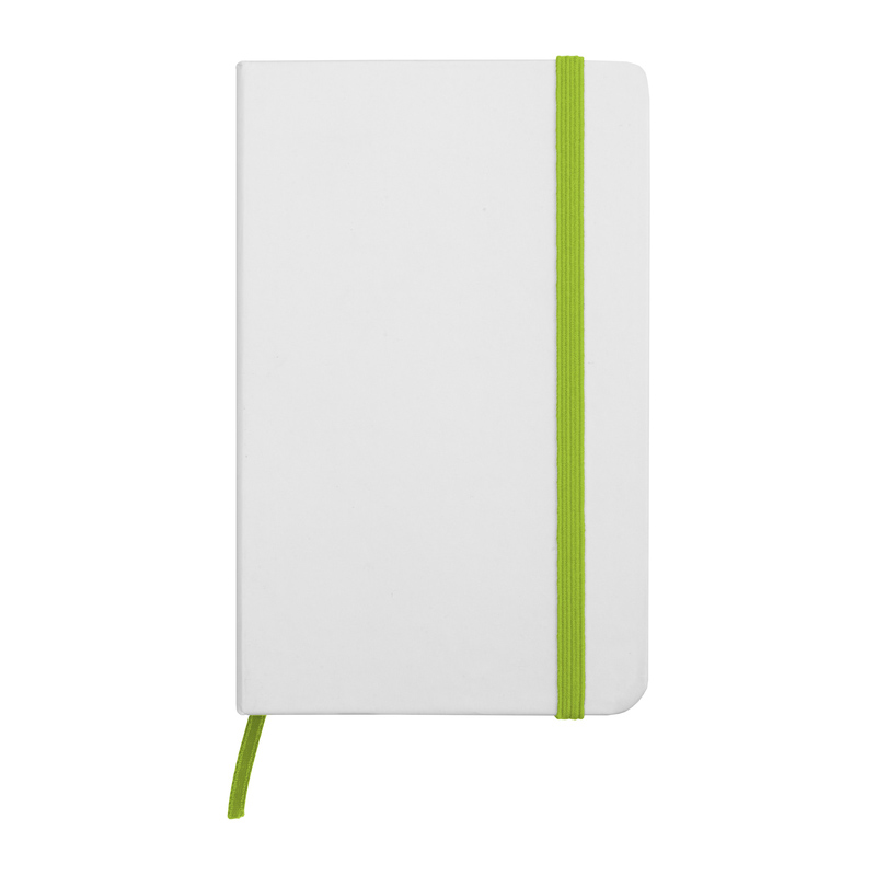 T525, Libreta pequeña White. Libreta de pasta dura color blanco. Contiene 80 hojas rayadas, separador de tela. Cierra con banda elástica de color.