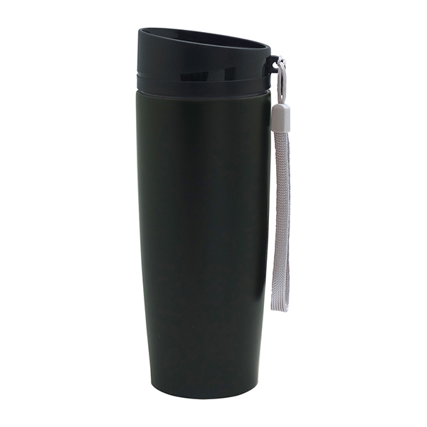 T563, Mug BRONX. Mug doble pared Interior acero 304 y exterior acero 201. Tapa a rosca, botón para abrir y cerrar. Lazo para sujetar en la muñeca. Base antideslizante. Mantiene las bebidas frías o calientes por más tiempo. Presentación en caja de regalo.