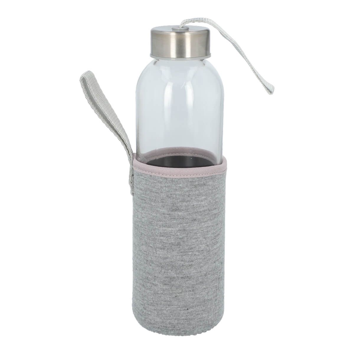 ANF 068, CILINDRO DE VIDRIO GAPER. Cilindro de vidrio con tapa metálica de rosca con jareta de tela y funda removible de neopreno con asa que no permite transferir calor de las manos o del ambiente a la bebida. Incluye caja individual.