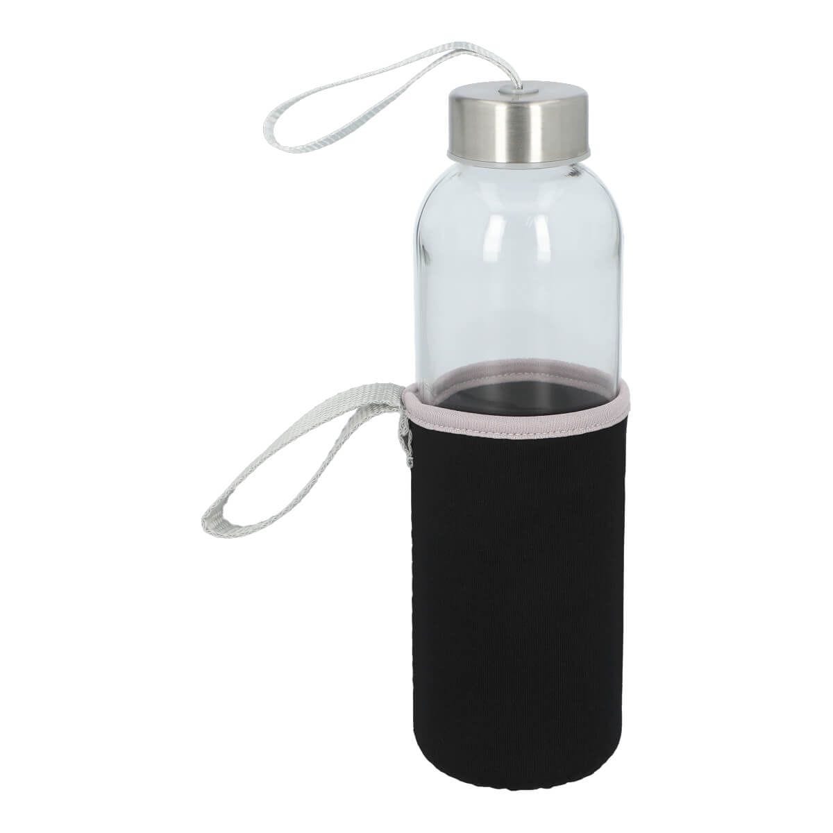 ANF 068, CILINDRO DE VIDRIO GAPER. Cilindro de vidrio con tapa metálica de rosca con jareta de tela y funda removible de neopreno con asa que no permite transferir calor de las manos o del ambiente a la bebida. Incluye caja individual.