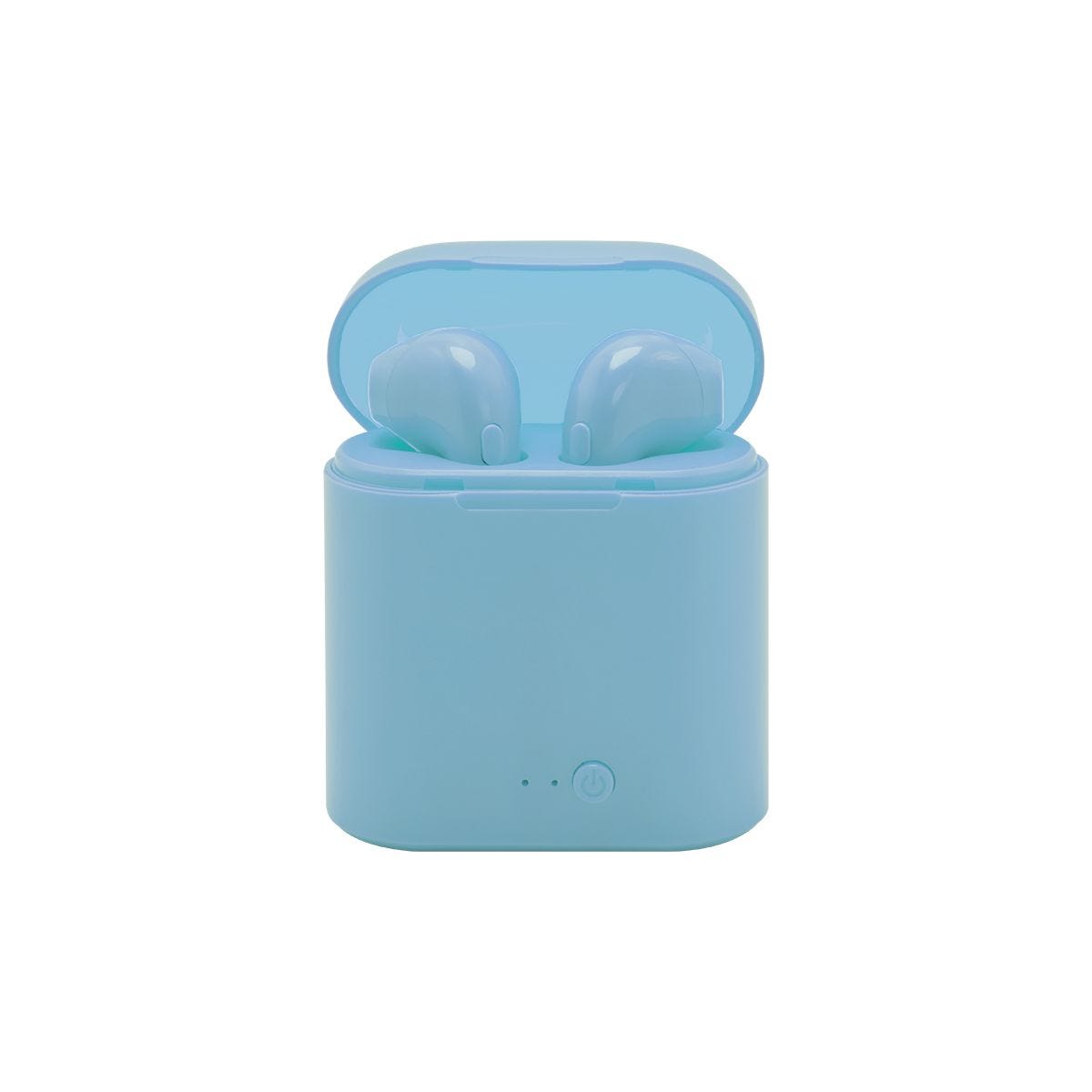 AUD 022, AUDÍFONOS SARAJEVO. Audífonos bluetooth inalámbricos con batería recargable. Función manos libres. Reproducción de música 2 hrs aproximadamente. Incluye estuche para recargar los audífonos y cable cargador USB.