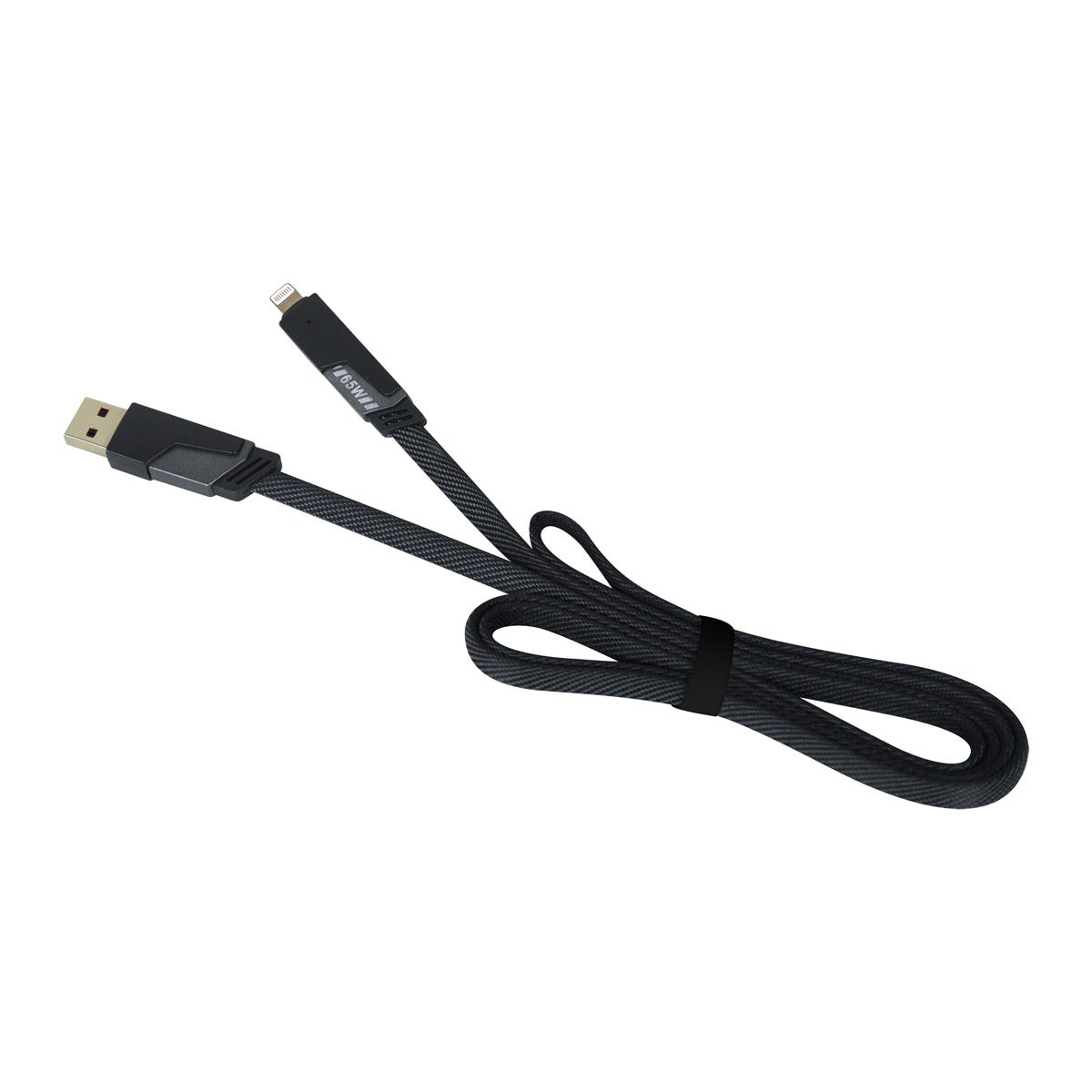 CEL 068, Cable NOPUS. Cable de carga rápida 4 en 1. Incluye conector de entrada USB y USB-C, conector de salida lightning (8 pines) y tipo C. Su cable plano con diseño trenzado evita enredos y nudos. Soporta la carga de smartphones, tabletas y otros dispositivos con entrada de carga rápida de hasta 65 W. Admite la transferencia de datos. Incluye caja individual.