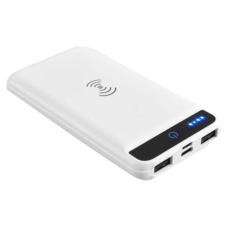 CRG 028, POWER BANK MAVY. Batería auxiliar para smartphone con linterna LED y función de carga inalámbrica. Capacidad 8,000 mAh, con 4 LEDs indicadores de carga. Cuenta con 2 salidas USB, entrada micro USB y tipo C. Potencia de carga inalámbrica de 5W. Incluye cable cargador compatible con USB y micro USB.