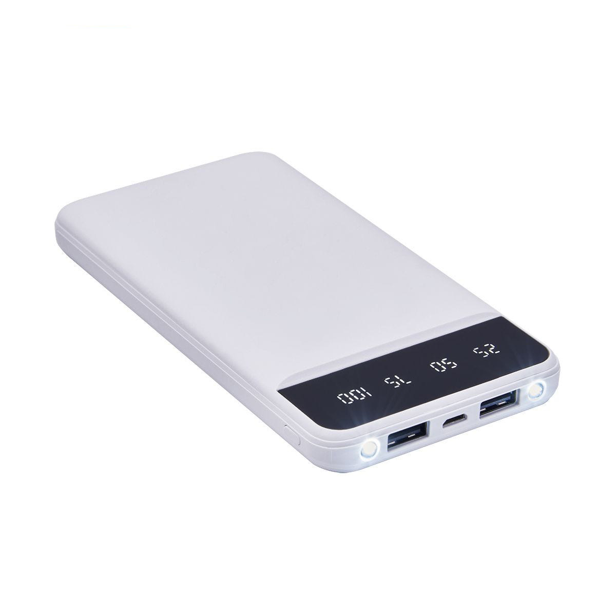 CRG 046, POWER BANK AMPER. Batería auxiliar para smartphone, capacidad 10,000 mAh. 2 Puertos USB y 1 micro USB. Cuenta con display de indicador de batería Y 2 LEDs con función de lámpara. Incluye cable micro USB.