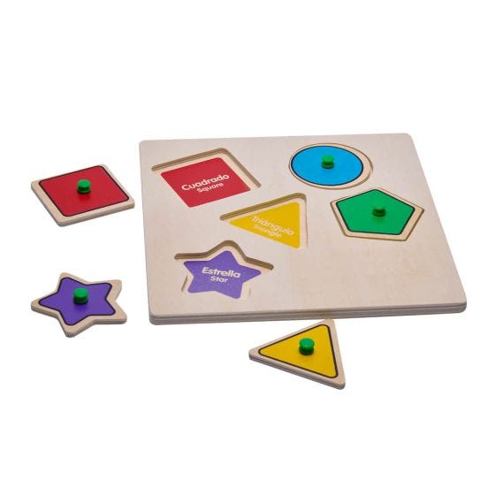 GM 043, JUEGO DIDÁCTICO HAPPY. Juego de madera de resaque. Incluye 5 figuras geométricas con los nombres en inglés y español. Cada figura es de color diferente. Le permite a los pequeños aumentar el pensamiento lógico, identificar las formas y colores así como desarrollar sus sentidos y la motricidad como la coordinación mano- ojo.