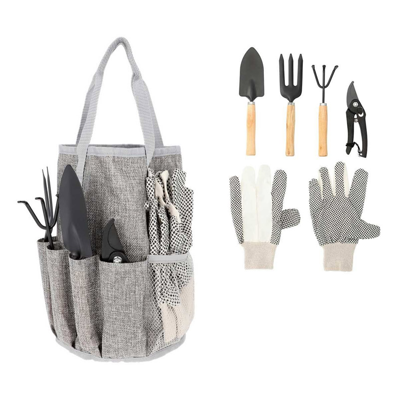 HER 058, SET DE JARDÍN VILLANDRY. Set de jardín que incluye pinzas de corte, pala ancha, horqueta, rastrillo, guantes de algodón con antiderrapante y bolsa con asa.