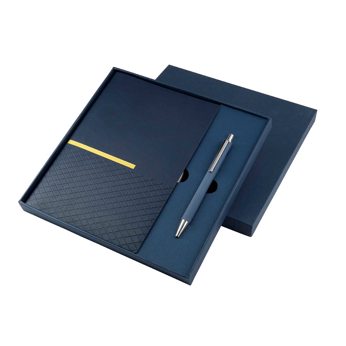 HL 9063, Set de Libreta ZLATNA. Elegante set que incluye, libreta con 96 hojas a raya. Cubierta de curpiel con detalles en termograbado y separador de hojas que le porporcionan un toque sofisticado y elegente. Incluye un bolígrafo metálico con terminado tipo rubber y sistema push. Caja de regalo incluida.