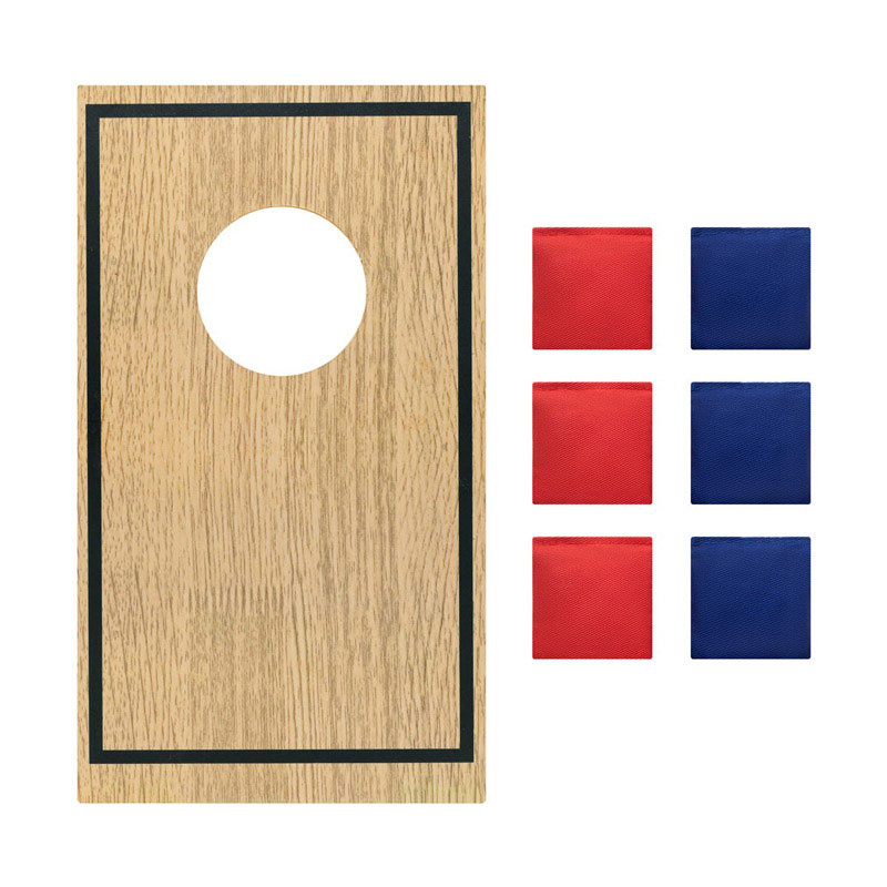 JM 110, Juego Cornhole TAKOAN. Mini juego de lanzamiento cornhole. Se trata de lanzar los costales hacia el tablero inclinado. El objetivo es marcar puntos al hacer caer los sacos en el tablero o en el agujero, cada vez que un saco caiga en el tablero se marca un punto y si cae en el agujero tres puntos. Gana quién logre alcanzar la mejor puntuación. Incluye base con patas plegables para ajustar la altura, 6 mini costales y caja individual. El material MDF puede presentar variaciones en tonalidades y vetas.