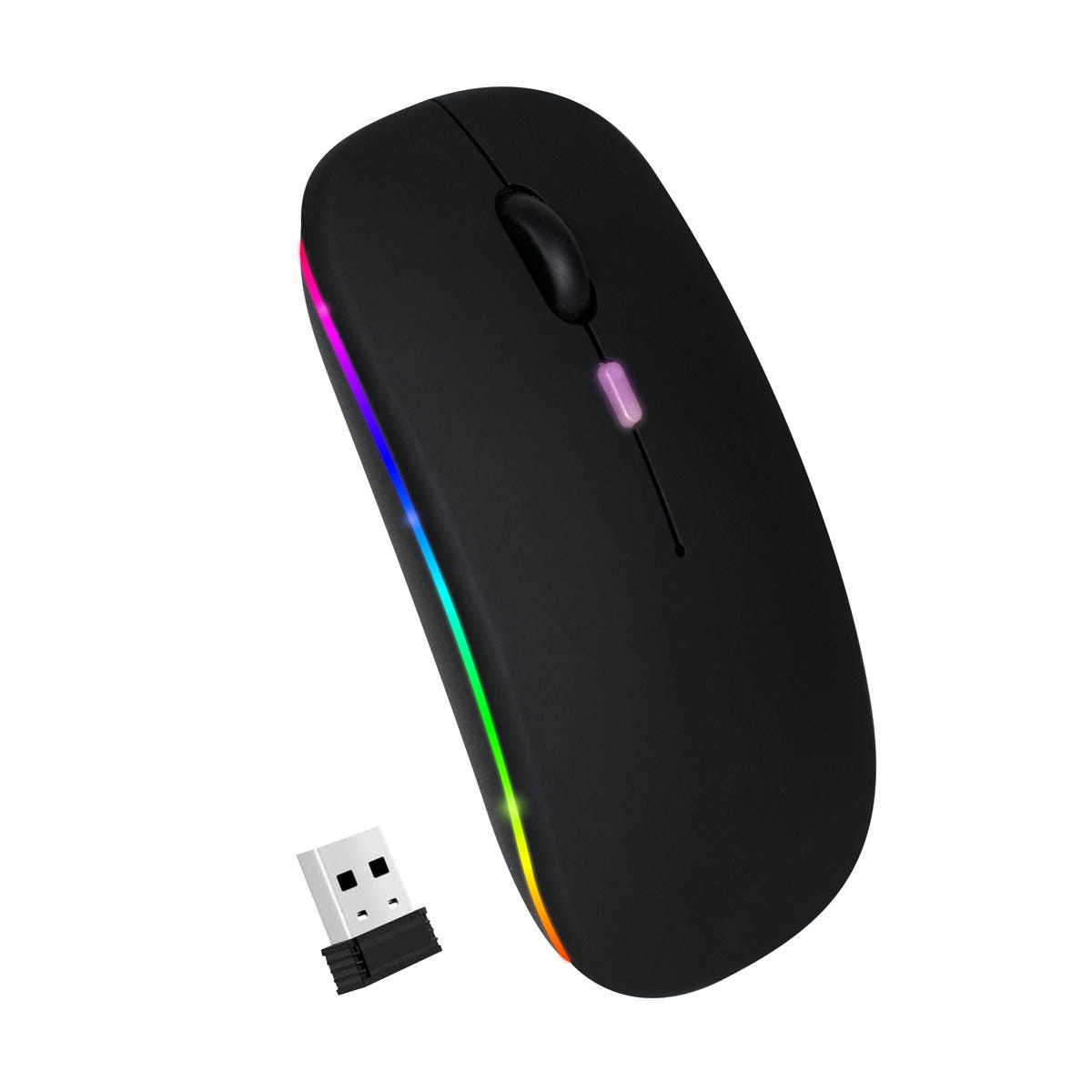 MOU 100, Mouse DOUGLAS. Mouse inalámbrico óptico de 2.4G y bluetooth, con batería recargable de 500 mAh y botones silenciosos. Su forma ergonómica se adapta perfectamente a la mano, reduciendo la fatiga durante sesiones prolongadas de uso. Cuenta con receptor USB, puerto de carga con conexión tipo C, luz RGB y botón DPI con 3 niveles para ajustar la sensibilidad del cursor. Incluye caja individual.