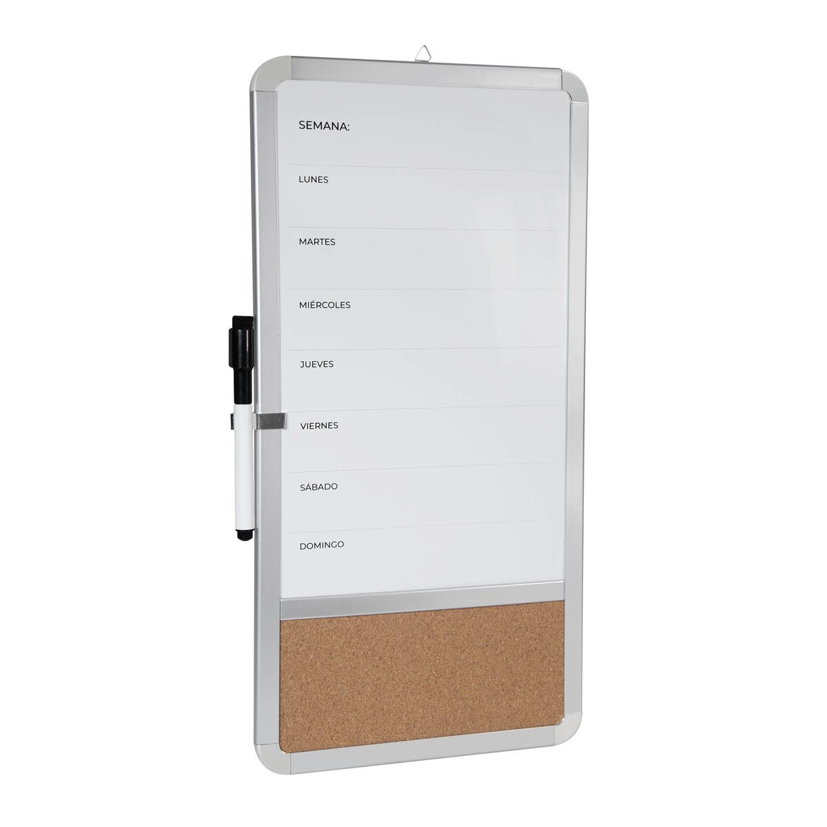 PRO 070, Pintarrón DAKO. Pintarrón con planeador semanal ideal para organizar tus tareas más importantes. Incluye marcador en color negro con borrador. Superficie magnética para sujetar notas, mientras que la parte inferior cuenta con una sección de corcho para colocar papeles o documentos. Gracias a su gancho en la parte superior, este pintarrón es fácil de colgar. Incluye dos imanes adhesivos para fijar en la pared.