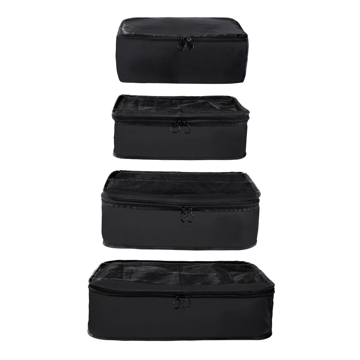 PRO 092, SET ORGANIZADOR DE VIAJE DEVIKA. Organizador de maleta 8 en 1. Incluye 3 bolsas para ropa con malla para una mejor ventilación, la bolsa grande y mediana incluyen dos sujetadores interiores con broche de plástico para organizar tus artículos, además de broches de plástico que te permiten unir las diferentes piezas, 1 bolsa con cierre y asa para ropa interior, 1 bolsa con cierre para calzado, 1 bolsa con cierre tipo jareta, 1 bolsa chica con cierre y 1 bolsa cosmetiquera con malla.