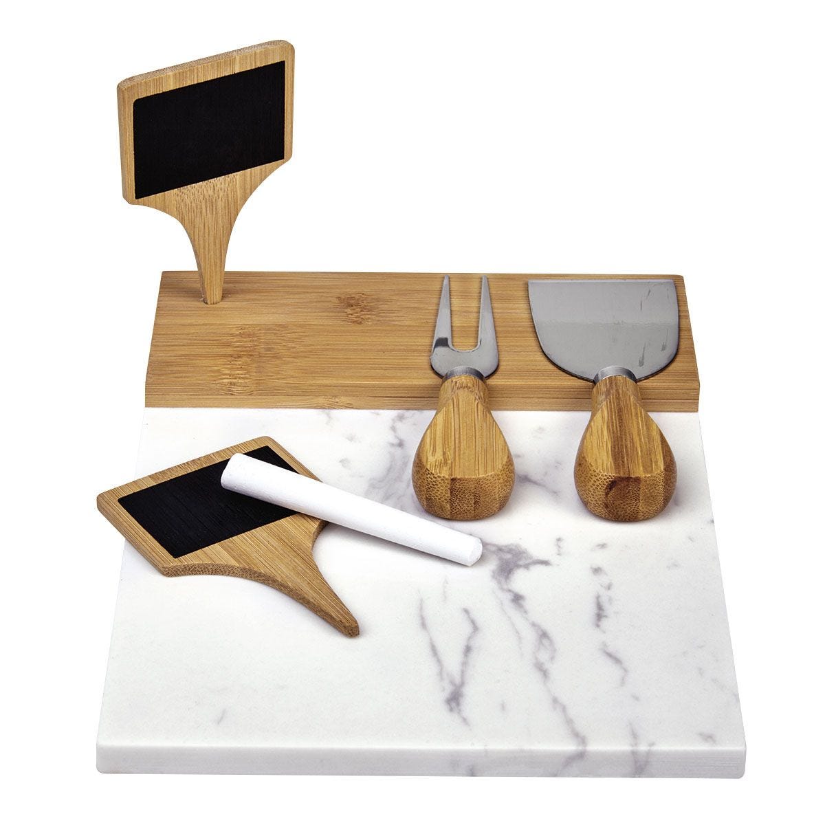 PWT 210, SET DE COCINA DAELI. Tabla de mármol con bambú. Incluye cuchillo y tenedor para quesos, dos banderines para escribir y un gis en color blanco,