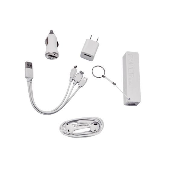 SET 055, SET CARRY. Incluye batería auxiliar de 2,600 mAh, cargador para automóvil, cargador de pared, audífonos, cable cargador USB 3-en-1 . micro USB, tipo C y Lightning) y estuche.