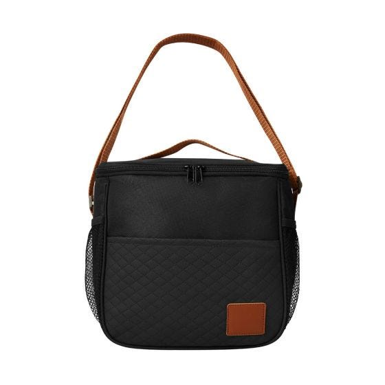 SIN 200, HIELERA COFFEE. Lonchera con interior plastificado. Bolsa principal con cierre, bolsa frontal con velcro y bolsillos laterales de malla. Asa superior y correa para hombro ajustable.