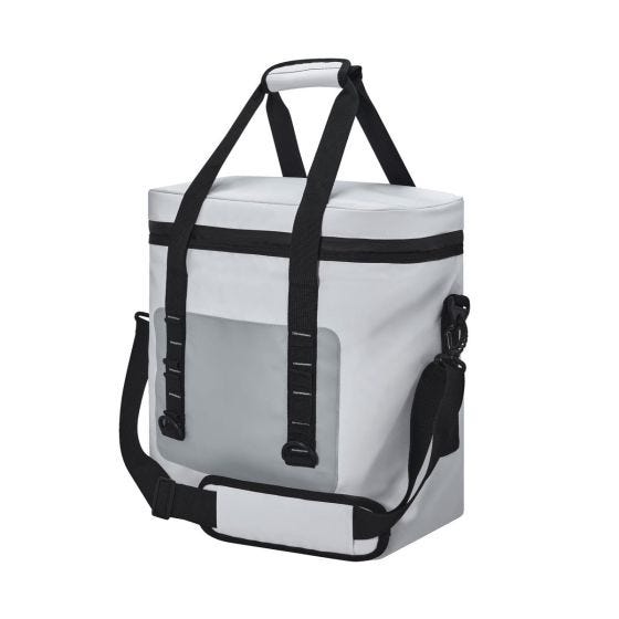 SIN 508, HIELERA DOVIA. Hielera con interior y exterior plastificado impermeable. Bolsa principal con cierre, bolsillo frontal. Incluye asa de mano con velcro y correa larga ajustable con broches de plástico y soporte acojinado. Capacidad para 24 latas.