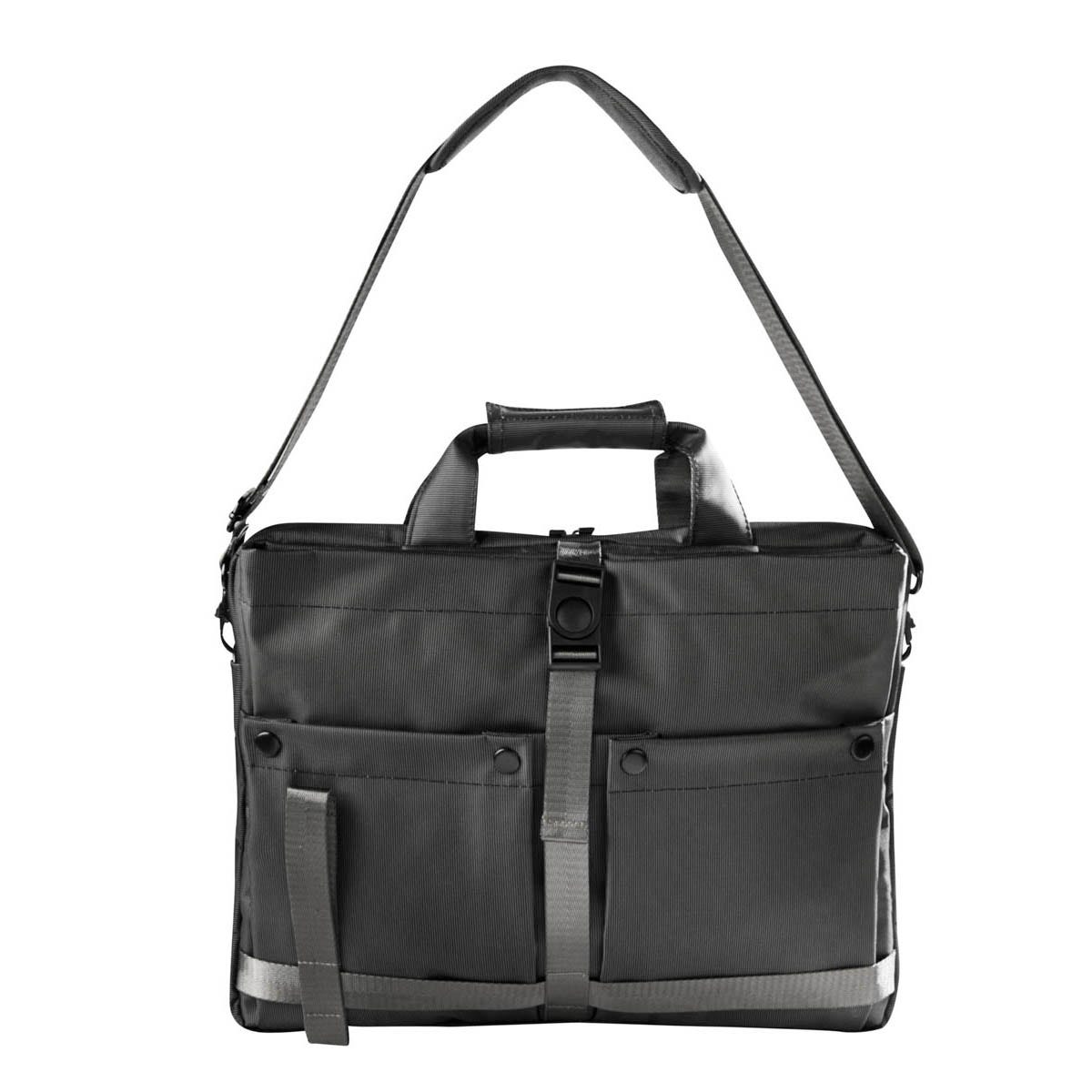 SIN 559, Portafolio ELON. Portafolio ejecutivo con múltiples bolsillos organizadores, ideal para llevar todo lo necesario en un solo accesorio. Su bolsillo principal con cierre, permite guardar una laptop de hasta 15pulgadas. Bolsillo frontal, con cierre de velcro y broche de plástico, ideal para mantener seguras tus pertenencias de valor, además de dos bolsillos para objetos más pequeños. Asa superior que se une por medio de velcro y un asa removible para hombro con broches metálicos. En la parte posterior, contiene una banda para transportar fácilmente en trolley.