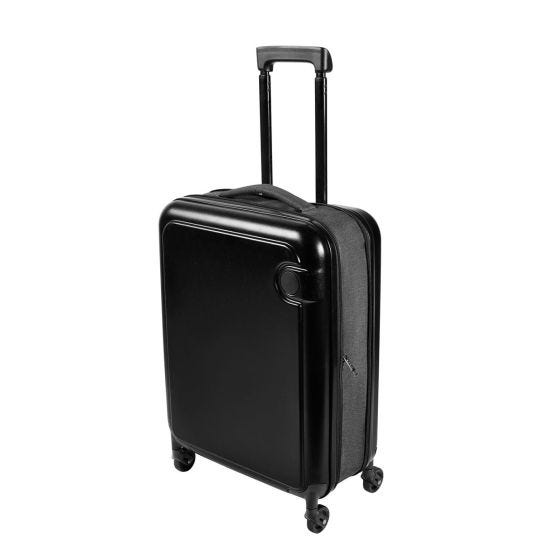 SIN 821, MALETA TROLLEY KLINK. Maleta con diseño plegable, se pliega hasta 7 cm. Diseñada para ahorrar espacio y poderla almacenar bajo tu cama o tu closet. Carry On de 20 pulgadas, fabricada en plástico ABS que la hace resistente y duradera, 4 llantas spinner con deslizamiento silencioso. Su tamaño la hace ideal para viajes cortos o de negocios. Incluye placa metálica para grabado.