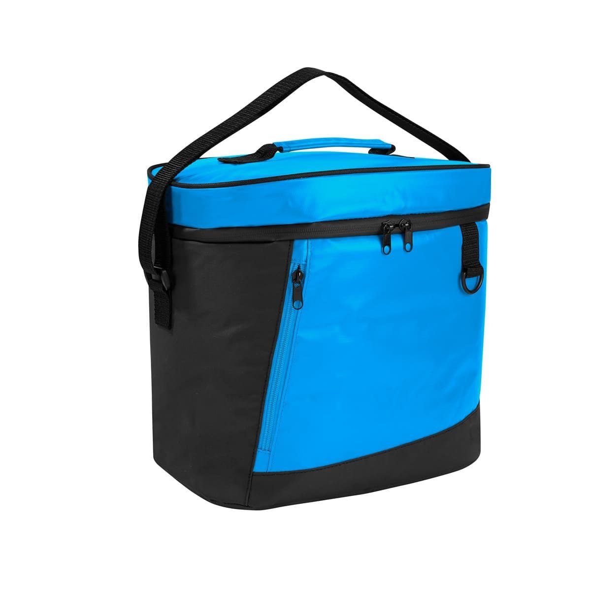 SIN 888, HIELERA KOEL. Hielera con interior y exterior plastificado impermeable. Bolsa principal y bolsillo frontal con cierre. Al frente cuenta con accesorio para colgar llaves o destapador. Incluye asa de mano y correa larga ajustable. Capacidad para 24 latas.