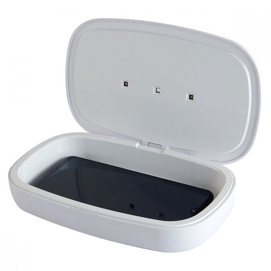 SLD 057, CAJA CON LUZ UV SANITIZADORA NAGOYA. Caja con luz UV sanitizadora, para celular, no reflejar la luz UV directo a tu cara o piel. Incluye cable USB para fuente alimentadora. Con cargador inalámbrico wireless.