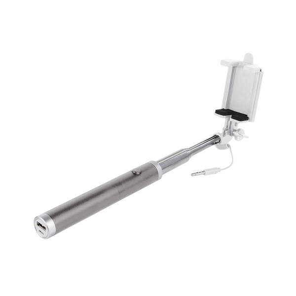 SLF 004, SELFIE STICK SURNA. Selfie stick con cable y botón para tomar fotos. Conector de 3.5 mm compatible con la entrada de audio del smartphone. El mango cuenta con batería auxiliar desmontable de 2200 mAh. Extensión telescópica para mayor ángulo)