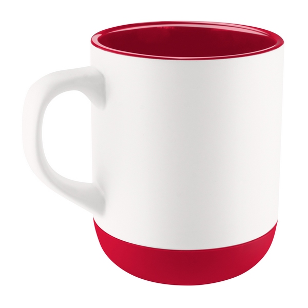 TAZ 021, TAZA ANNECY. Taza de cerámica con base de silicón. Exterior blanco e interior de color. Incluye caja individual. No usar en microondas ni lavavajillas.