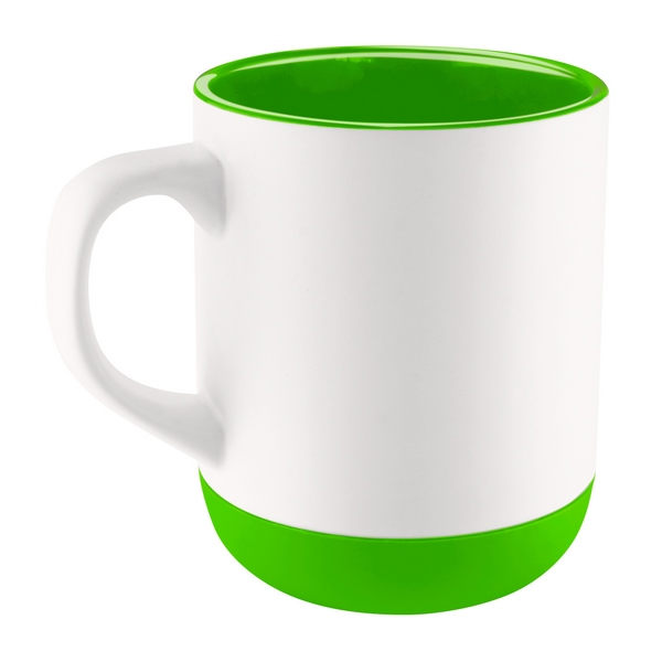 TAZ 021, TAZA ANNECY. Taza de cerámica con base de silicón. Exterior blanco e interior de color. Incluye caja individual. No usar en microondas ni lavavajillas.