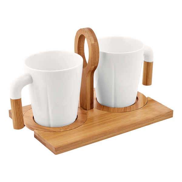 TAZ 029, SET DE TAZAS IWAO. Set con dos tazas. dos porta tazas de bambú y caja de regalo. No usar en microondas ni lavavajillas.