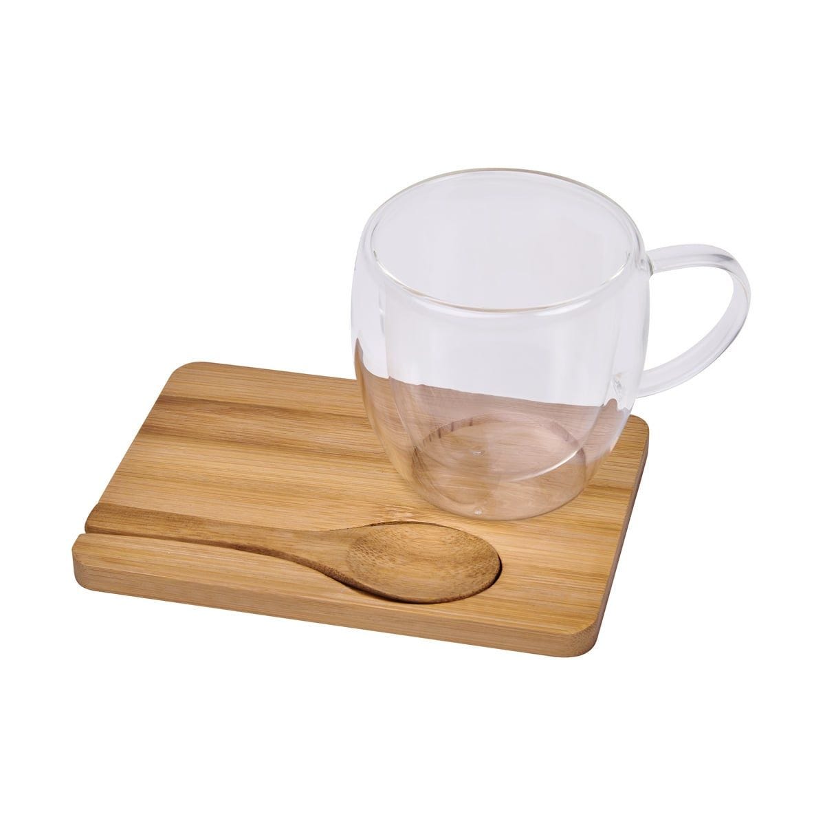 TAZ 051, SET DE TAZA TISANA. Juego de taza. Incluye 1 taza doble pared de vidrio resistente a bebidas calientes y frías, base y cuchara de bambú. Caja individual incluida.