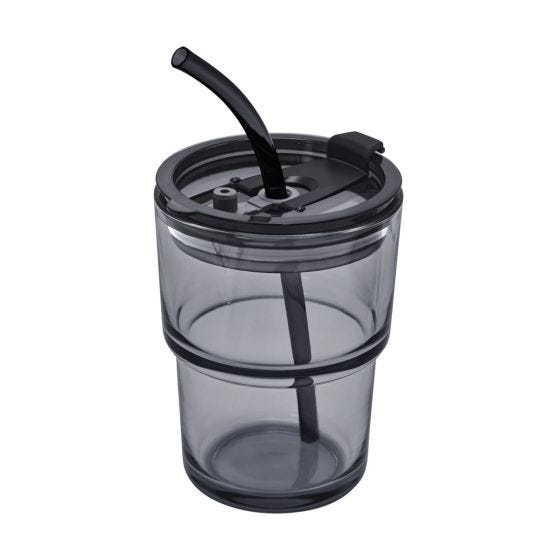 TMPS 133, VASO MOKA. Vaso de pared sencilla de vidrio. Incluye popote, tapa de plástico con válvula de seguridad y tapón de silicón. Incluye caja individual.