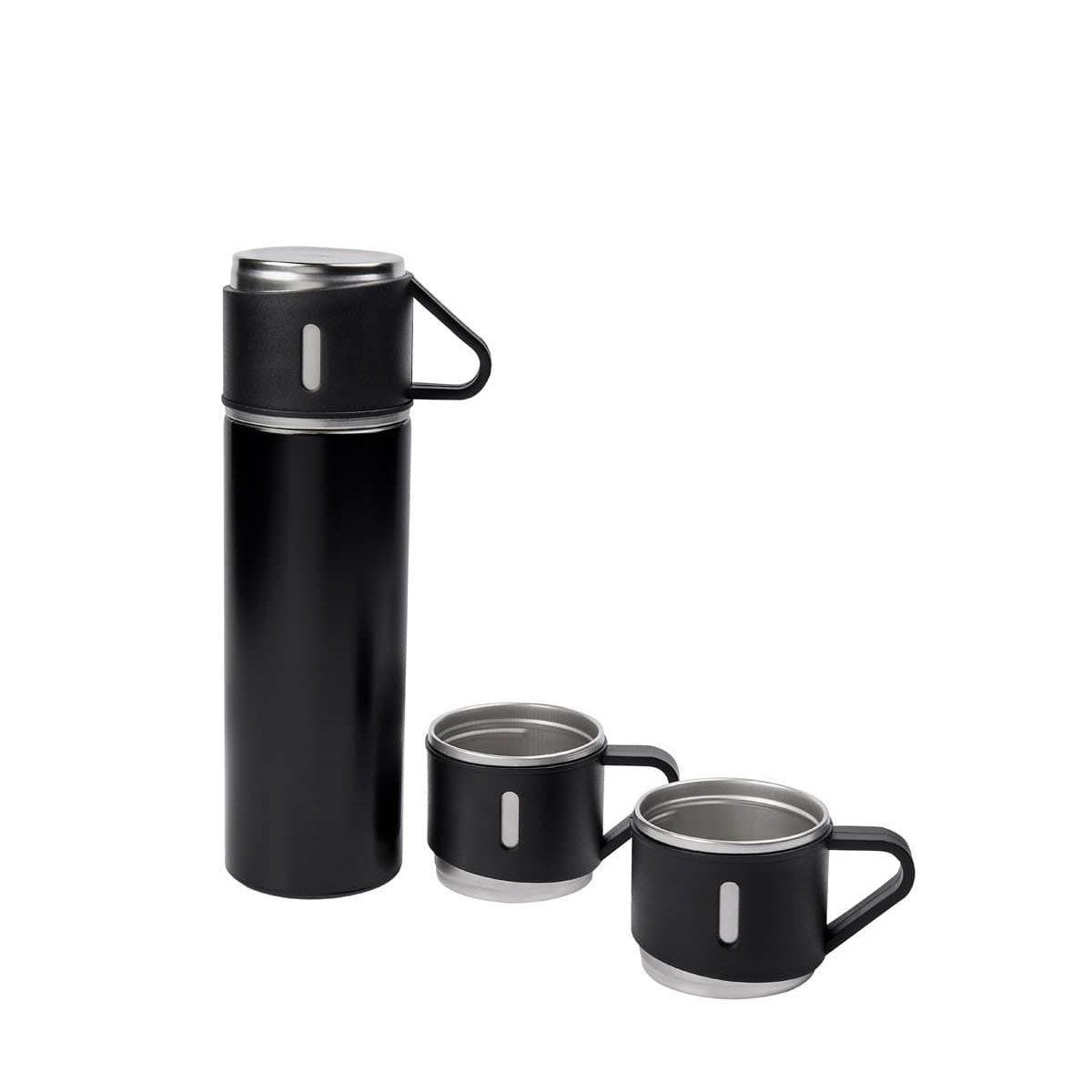 TMPS 195, SET KALITA. Set de regalo con 1 termo cuya tapa sirve como taza y 2 tazas adicionales. Termo doble pared cerrado al vacío, pared interna y externa de acero inoxidable, tapa interna de rosca con sistema push para verter fácilmente sin retirar el tapón, mantiene temperatura caliente 6 hrs y temperatura fría 8 hrs. Las tazas de acero inoxidable con un recubrimiento y asa de plástico. Incluye Caja de regalo.