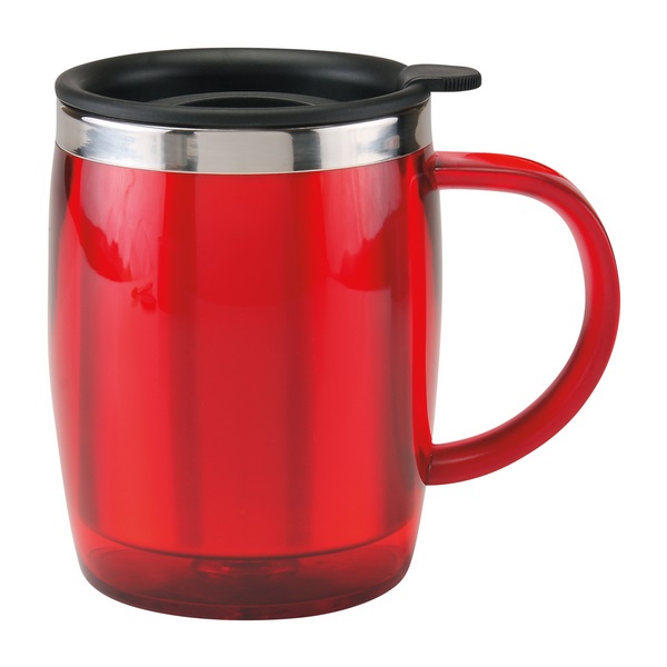 TMPS 26, TAZA TéRMICA BURGOS. Taza de doble pared. Pared interna de acero inoxidable y externa de plástico. Incluye válvula de seguridad giratoria con tapa de presión. Incluye caja individual. No usar en microondas ni lavavajillas.