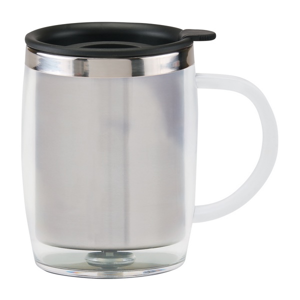 TMPS 26, TAZA TéRMICA BURGOS. Taza de doble pared. Pared interna de acero inoxidable y externa de plástico. Incluye válvula de seguridad giratoria con tapa de presión. Incluye caja individual. No usar en microondas ni lavavajillas.