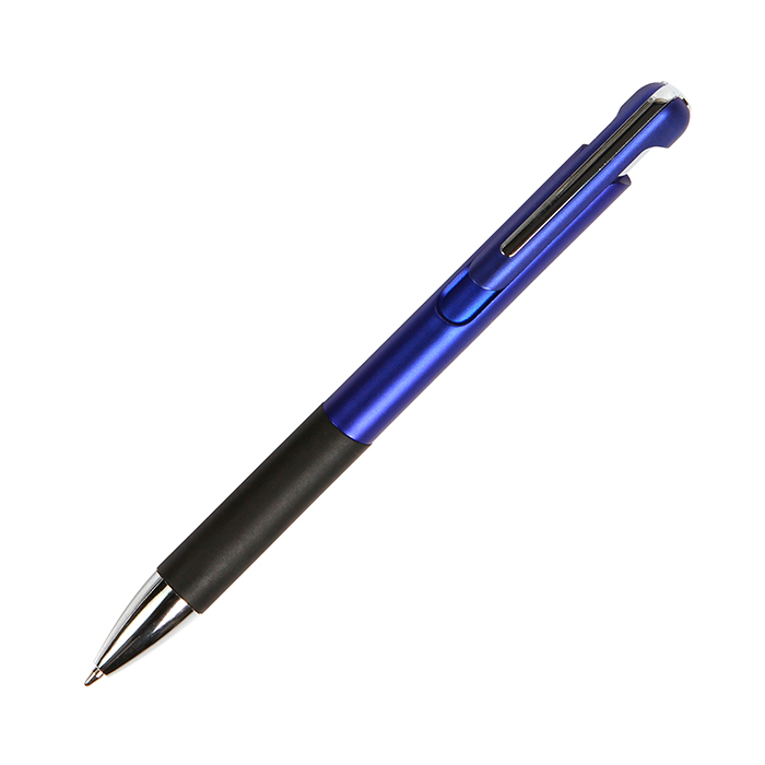 BL-108, Bolígrafo de plástico tipo ball pen retráctil con agarre de goma y tinta azul.