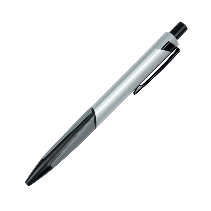 BL-120, Bolí­grafo retráctil fabricado en aluminio con forma triangular y grip tipo goma, tinta de escritura negra.