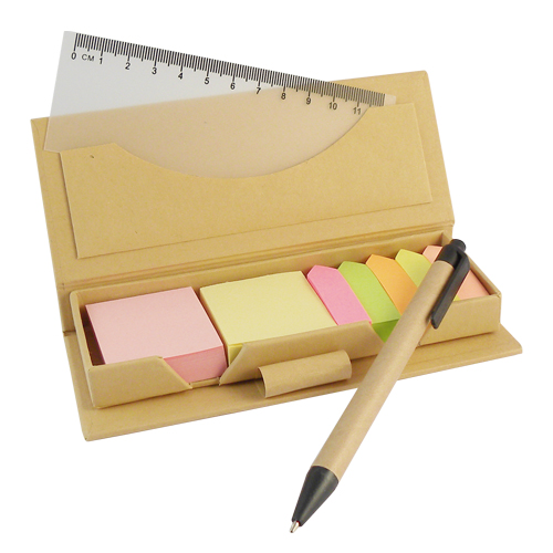 DK-048, Kit ecologico de escritorio milan con notas adhesivas (220 cuadradas en 2 colores), banderitas de colores (500 en 5 colores), regla de 12 cm y boligrafo con tinta negra