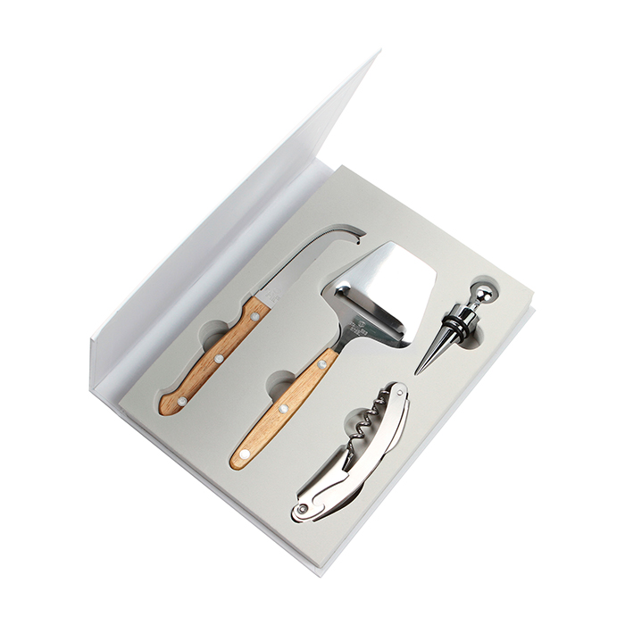 HM-034, Set de quesos y vinos en estuche de pasta rígida , incluye rebanador de quesos, cuchillo, sacacorchos (con nava y destapador) y tapón de vino.