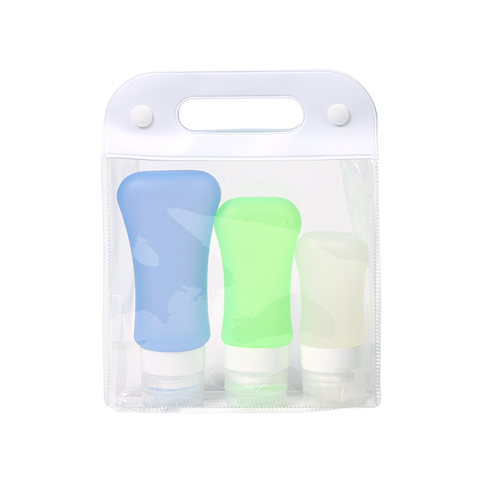 HM-041, Set de 3 botellas fabricadas en silicon con bolsa de pvc translucida.